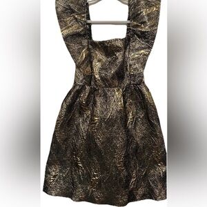 Metallic Gold Black Brocade Flutter Sleeve Mini Dress Womens Small Wedding Guest